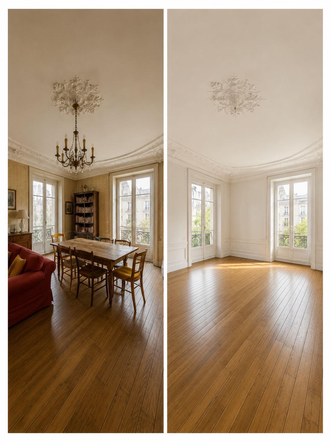 Salle à manger avec boiseries, avant et après valorisation